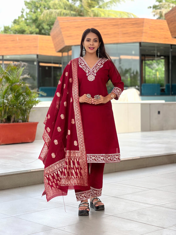 NESH CREATION Cotton Blend Embroidered V-Neck Kurta Set for Women | 3/4 Sleeve Kurta, Bottom, and Jacquard Dupatta