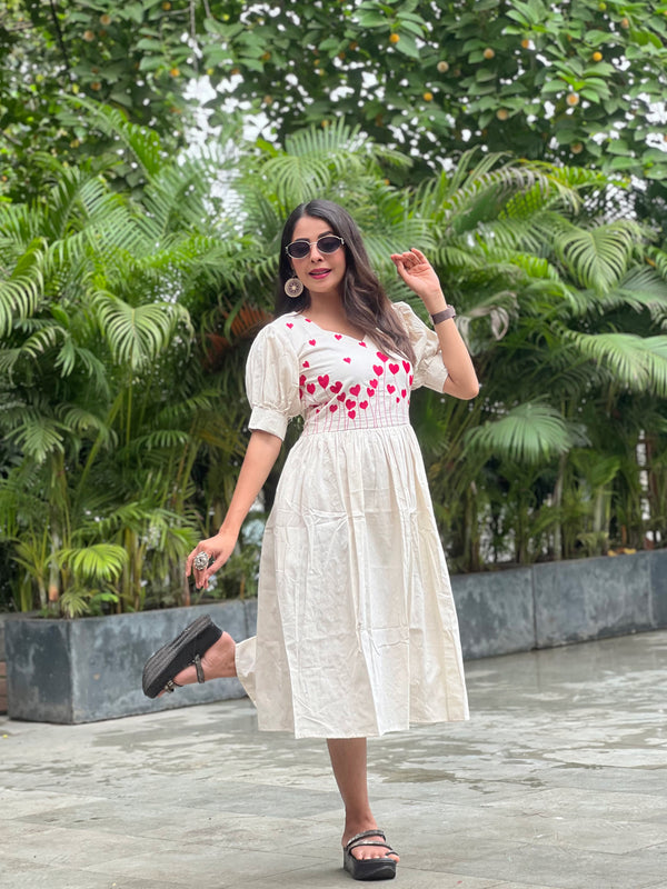 NESH CREATION Women's Off-White Cotton Western Dress with Red Heart Embroidery