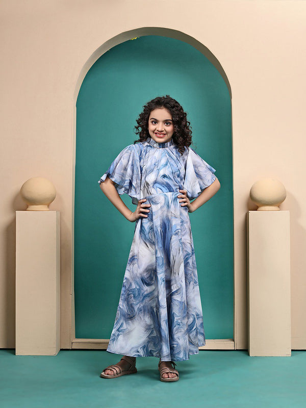 Girls Maslin Shibori Printed Fit & Flare Maxi Length Dress