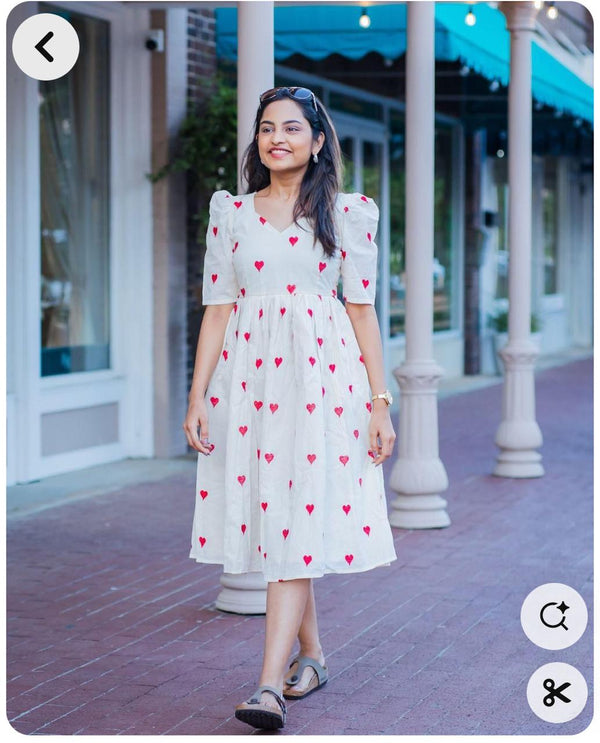 NESH CREATION Off-White Cotton Western Dress for Women with Red Heart Embroidery