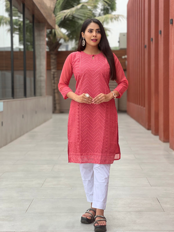NESH CREATION Women's Lucknowi Chikankari Kurti | A-Line Georgette with Panel Work