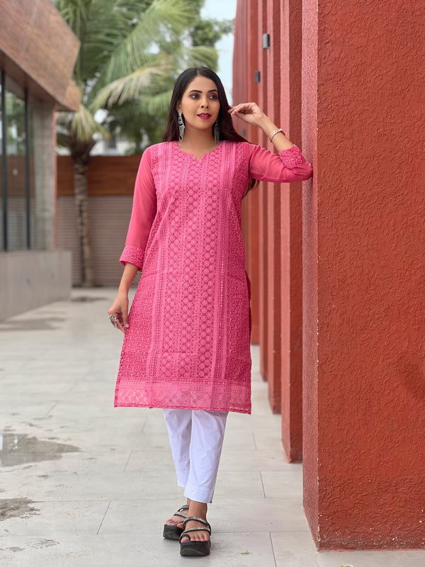 NESH CREATION Women's Lucknowi Chikankari Kurti | A-Line Georgette with Panel Work