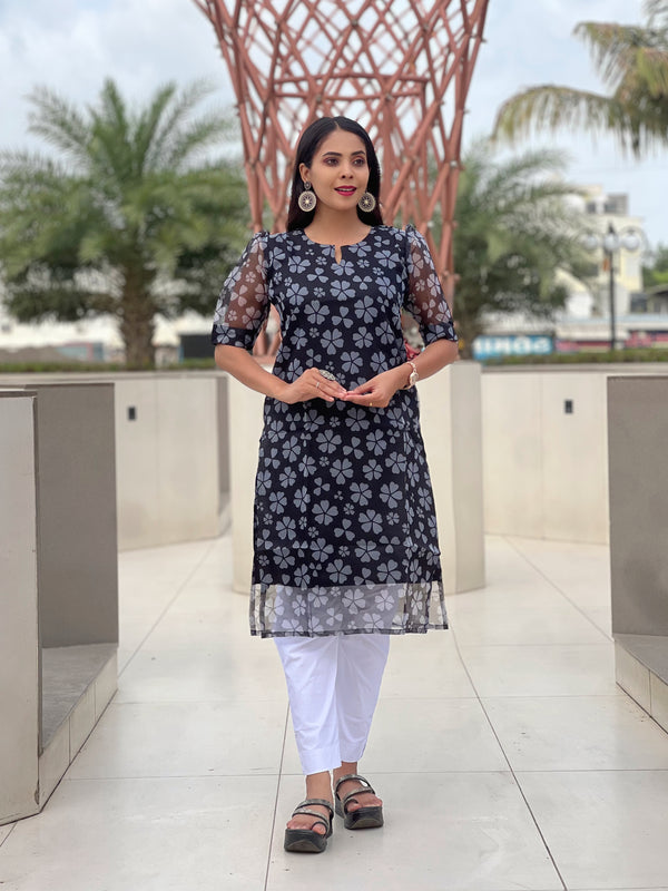 NESH CREATION Stylish Women's Organza Kurti | V-Neck with Digital Print Work & Full Inner