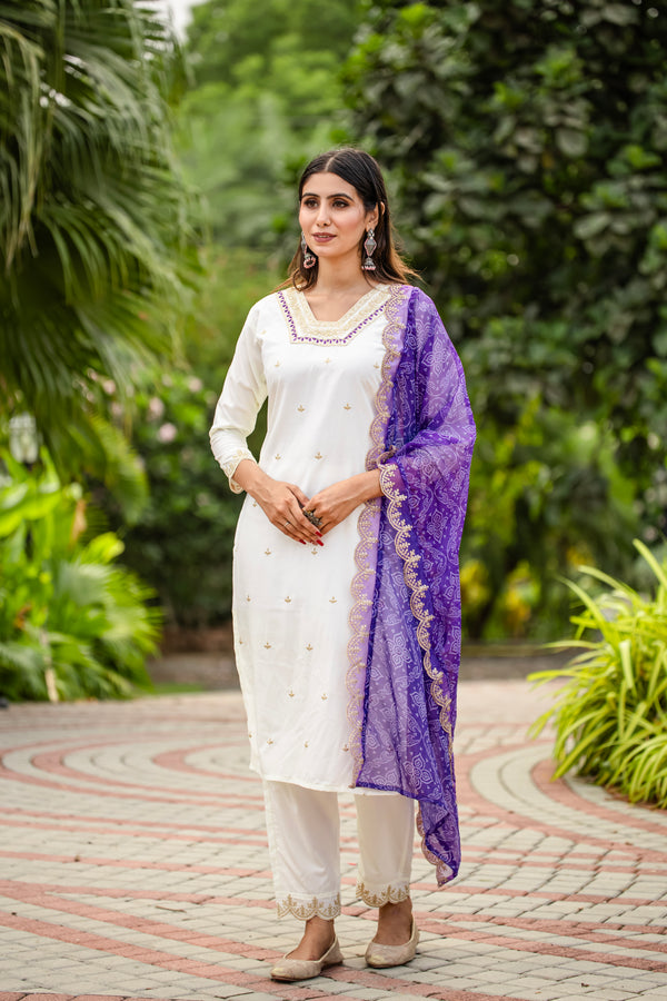 Apexa - Embroidered Roman Silk Kurti Set with Bandhani Dupatta