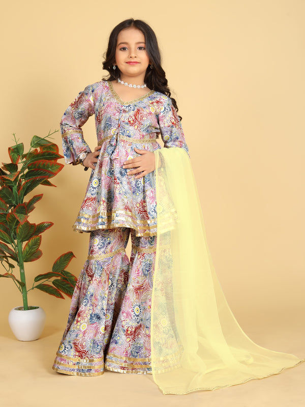 Girls Maslin Aliya Cut Top with Sharara Dupatta Set