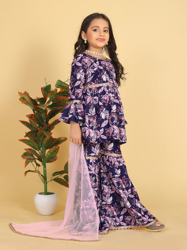 Girls Maslin Aliya Cut Top with Sharara Dupatta Set