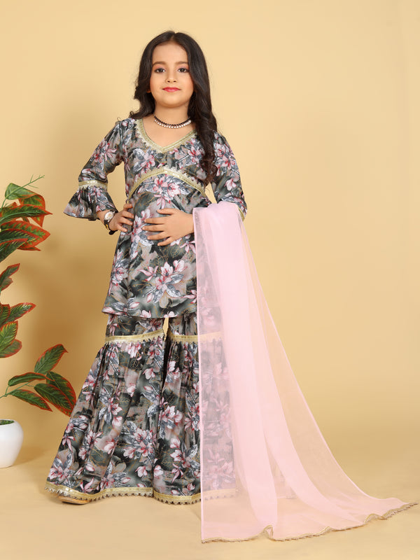 Girls Maslin Aliya Cut Top with Sharara Dupatta Set