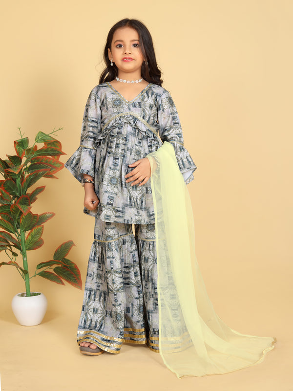 Girls Maslin Aliya Cut Top with Sharara Dupatta Set