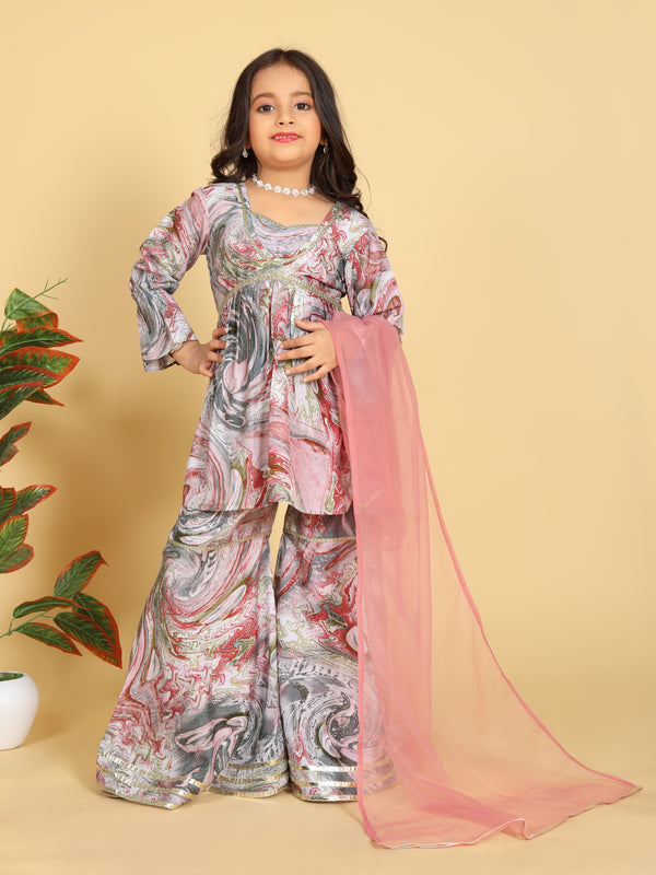 Girls Maslin Aliya Cut Top with Sharara Dupatta Set