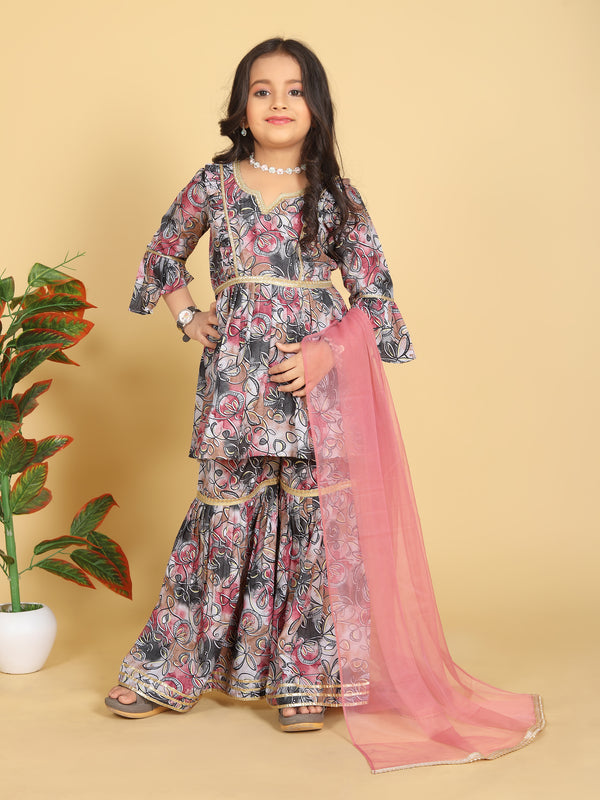 Girls Maslin Aliya Cut Top with Sharara Dupatta Set