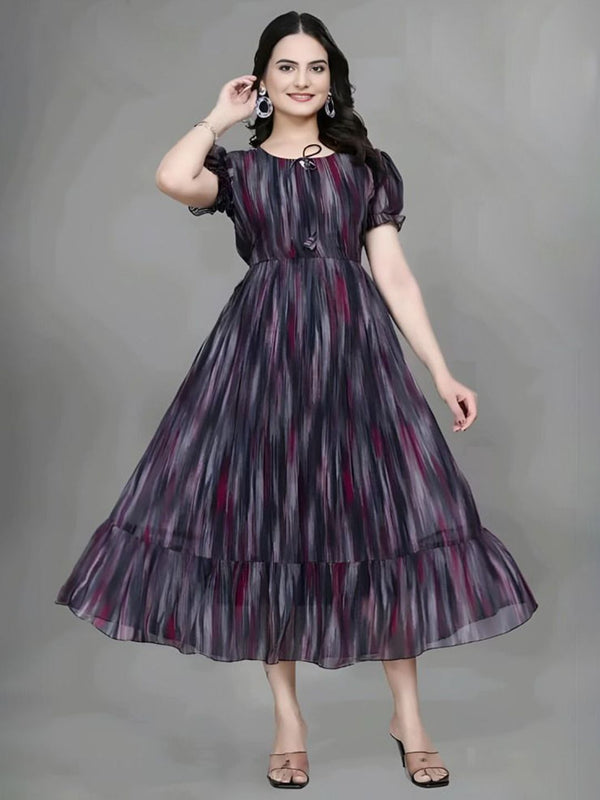 NESH CREATION Women's Georgette Western Dress | Printed One-Piece Gown with Puff Short Sleeves