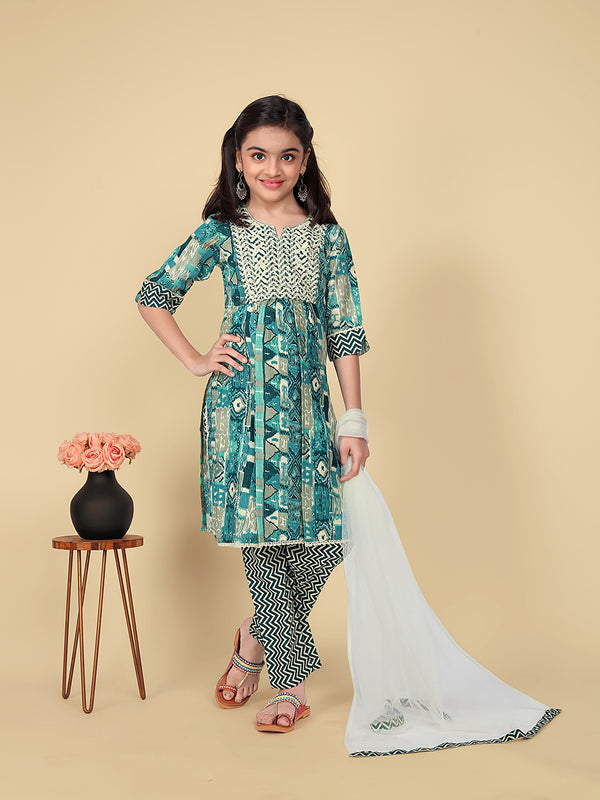 Girls' Embroidered Kurta with Bottom Dupatta Set