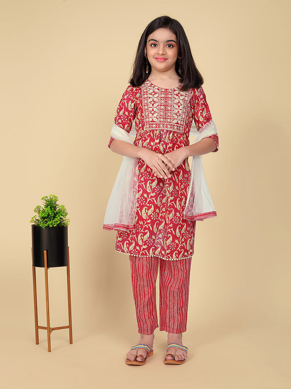 Girls' Embroidered Kurta with Bottom Dupatta Set