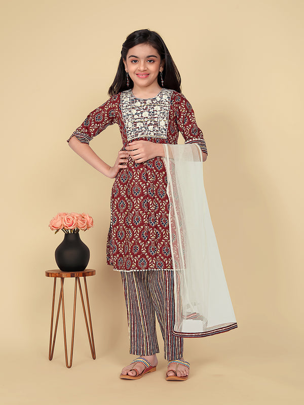 Girls' Embroidered Kurta with Bottom Dupatta Set