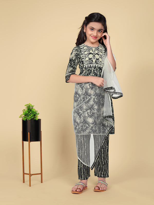 Girls' Embroidered Kurta with Bottom Dupatta Set