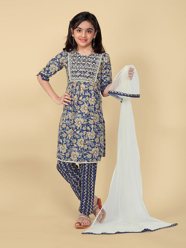 Girls' Embroidered Kurta with Bottom Dupatta Set