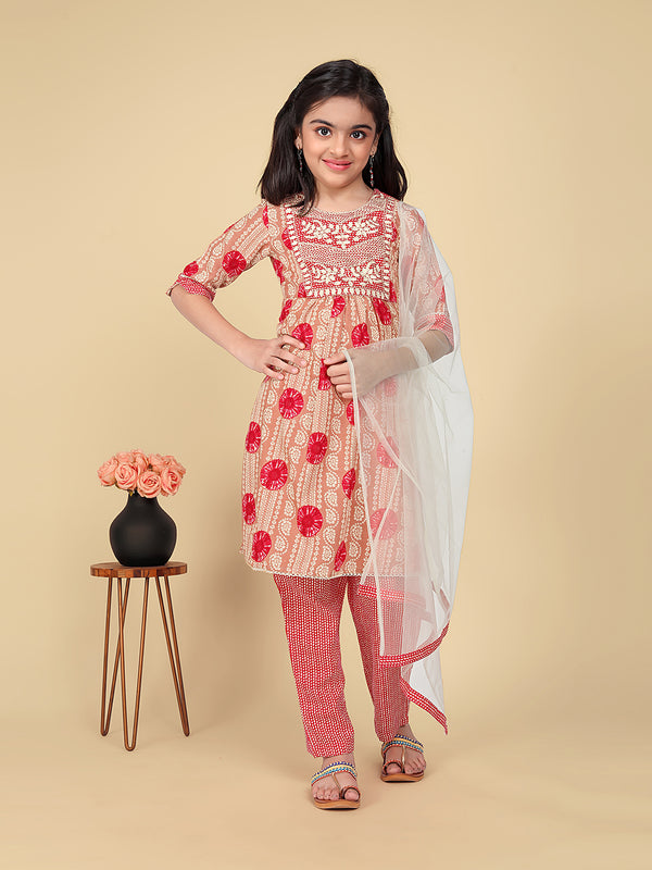 Girls' Embroidered Kurta with Bottom Dupatta Set