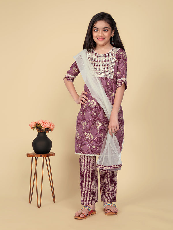 Girls' Embroidered Kurta with Bottom Dupatta Set