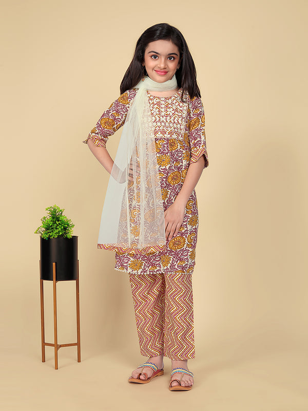 Girls' Embroidered Kurta with Bottom Dupatta Set