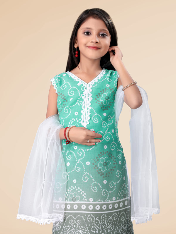 Girls' 3-Piece Cotton Printed Kurta Bottom Dupatta Set