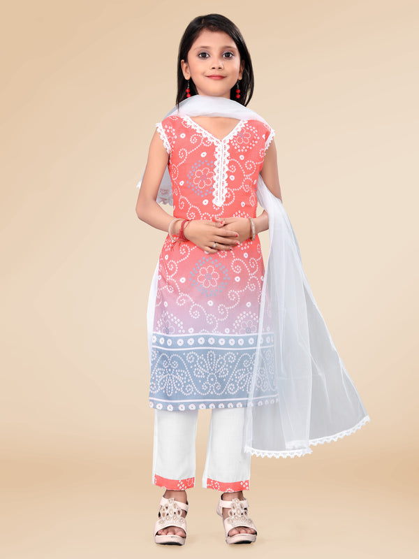 Girls' 3-Piece Cotton Printed Kurta Bottom Dupatta Set