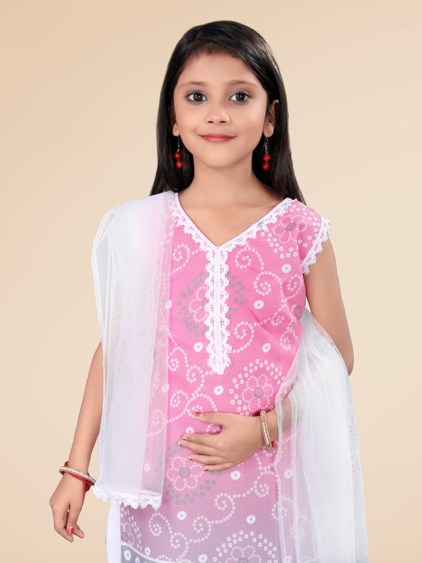 Girls' 3-Piece Cotton Printed Kurta Bottom Dupatta Set