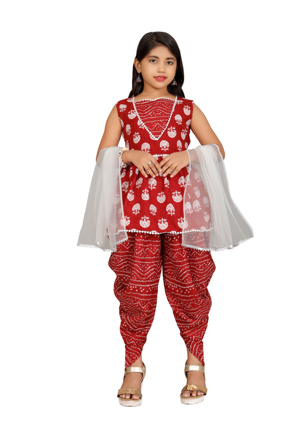 Trendy Girls' Cotton Printed Peplum Top with Dhoti Dupatta Set