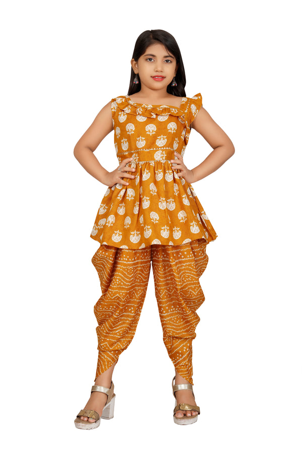 Trendy Girls' Cotton Printed Peplum Top with Dhoti Dupatta Set