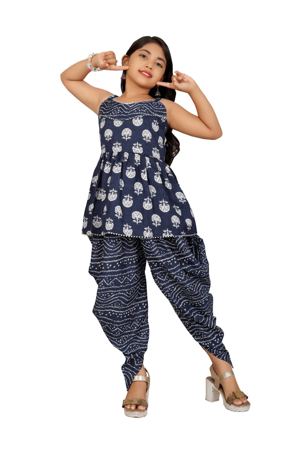 Trendy Girls' Cotton Printed Peplum Top with Dhoti Dupatta Set