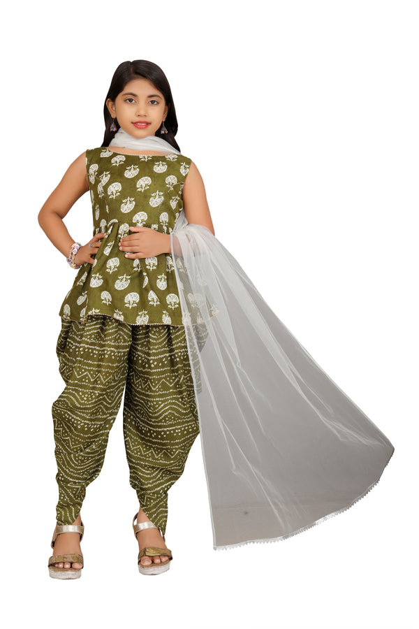 Trendy Girls' Cotton Printed Peplum Top with Dhoti Dupatta Set