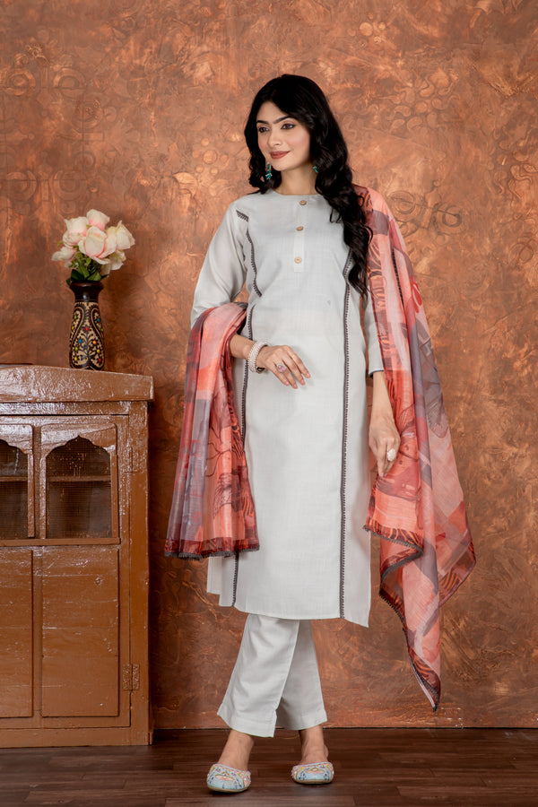 Kavya - Cotton Slub Kurti Set with Printed Chandari Cotton Dupatta