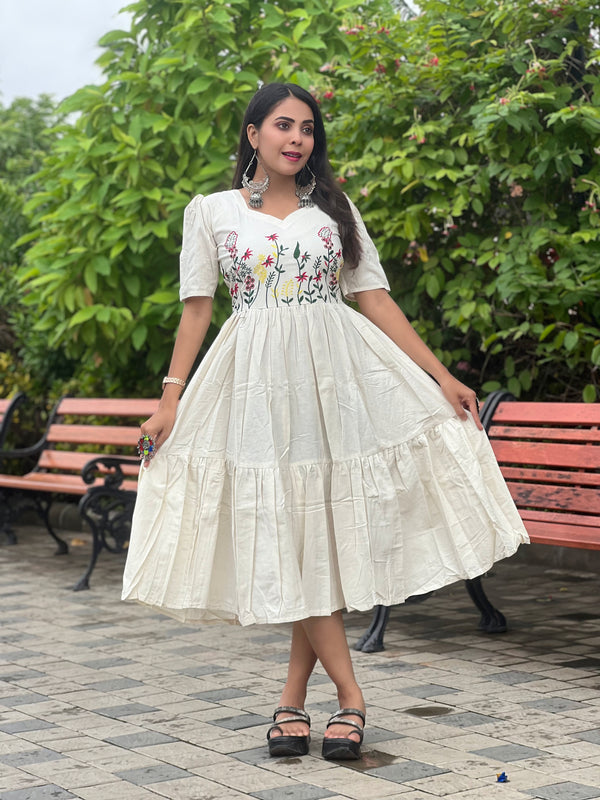 NESH CREATION Off-White Cotton Western Dress for Women