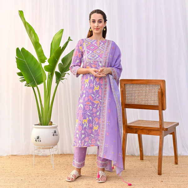 Mira - Rayon Slub Kurti Set with Printed Chanderi Dupatta (Purple)