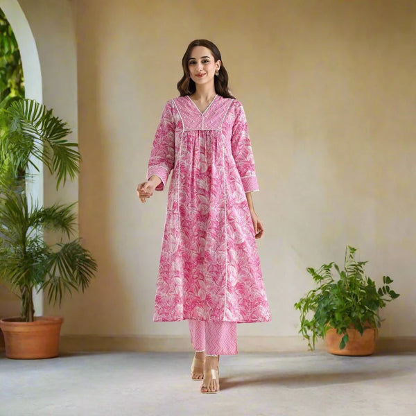 Moti - Rayon Slub Kurti Set with Moti Handwork & Lace (Pink)