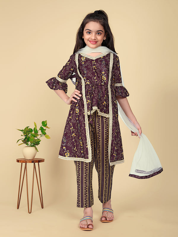 Girls' Cotton Printed Kurta with Bottom Dupatta Set