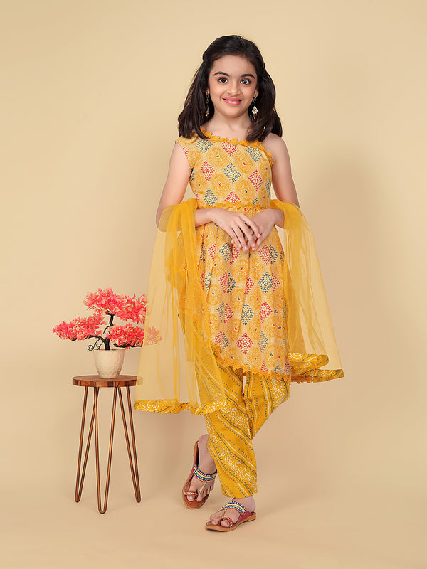 Girls' Cotton Printed Kurta with Bottom Dupatta Set