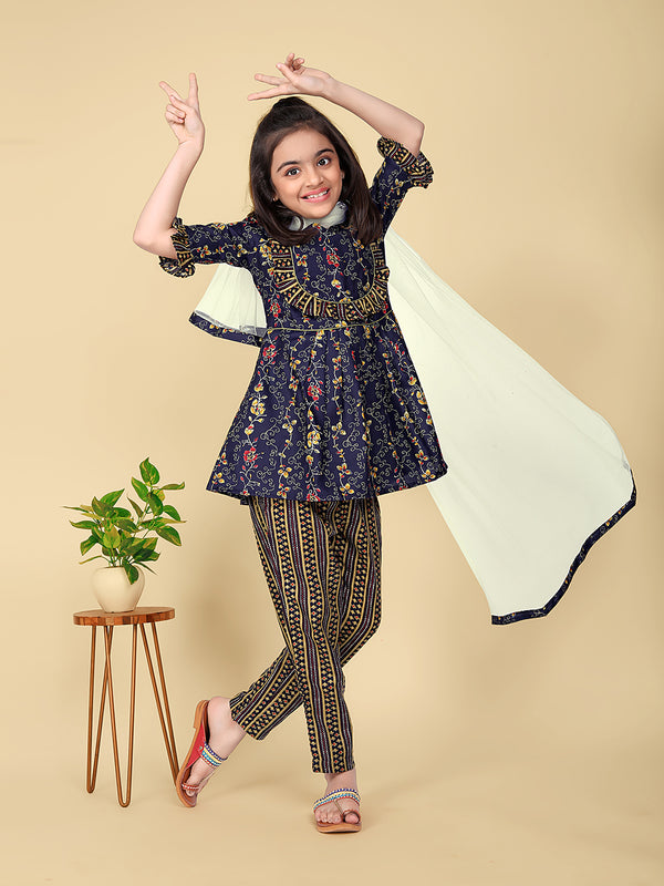 Girls' Cotton Printed Kurta with Bottom Dupatta Set