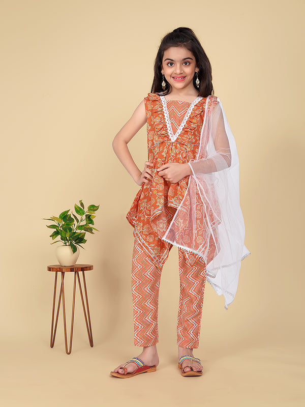 Girls' Cotton Printed Kurta with Bottom Dupatta Set