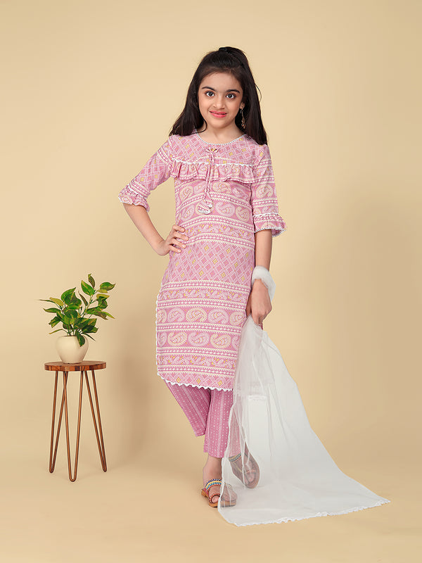 Girls' Cotton Printed Kurta with Bottom Dupatta Set