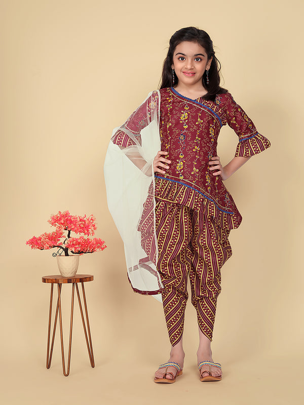 Girls' Cotton Printed Kurta with Bottom Dupatta Set