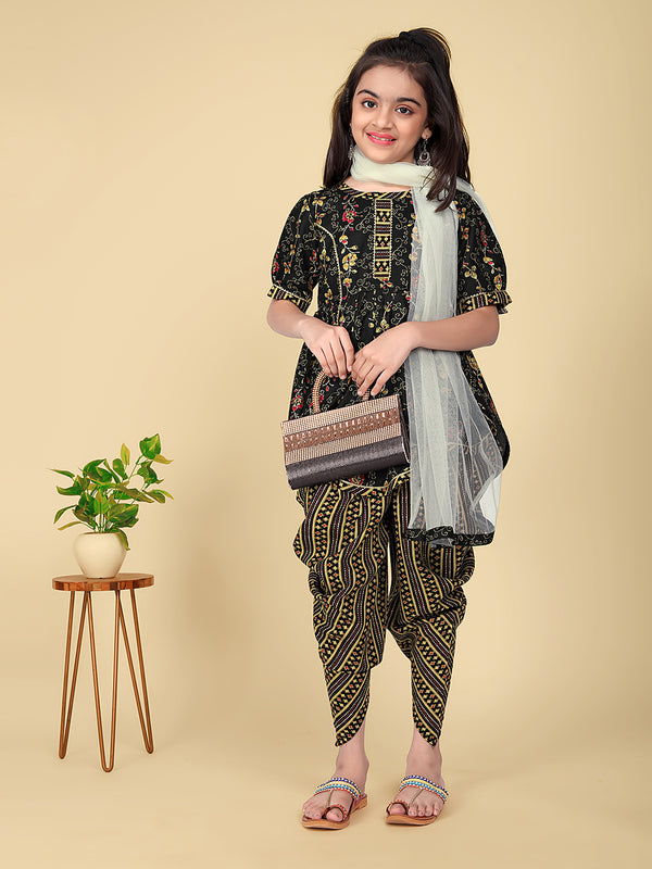 Girls' Cotton Printed Kurta with Bottom Dupatta Set