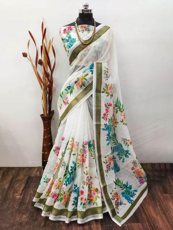 Linen Cotton Printed Saree - Chic Comfort with Digital Charm - Unstiched Blouse