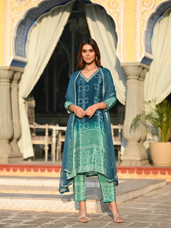 Kashish - Soft Chinnon Silk Kurti Set with Embroidered Nazmeen Dupatta (Blue)