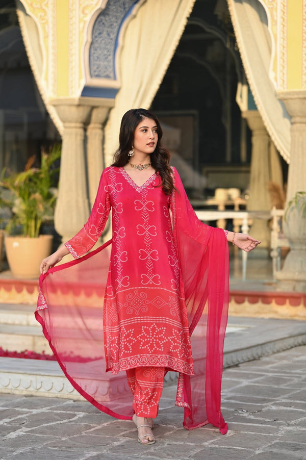 Kashish - Soft Chinnon Silk Kurti Set with Embroidered Nazmeen Dupatta (Red)