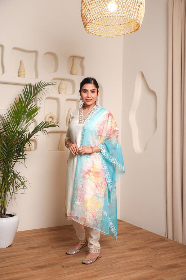 Aleena - Elegant Embroidered Kurti Set with Organza Dupatta