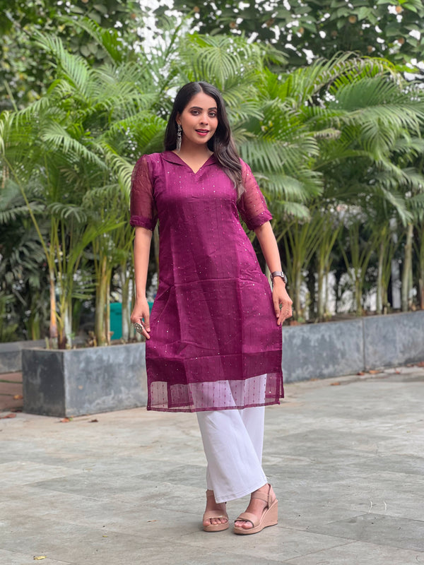 NESH CREATION Stylish Women's Organza Kurti | V-Neck with Embroidered Work & Full Inner